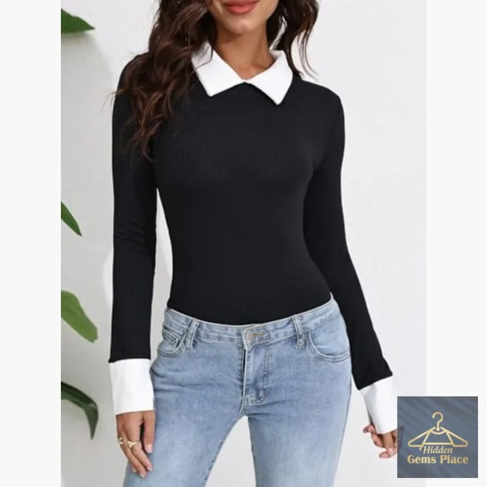 Long Sleeve Bodysuit Top with Keyhole Back and Doll Collar